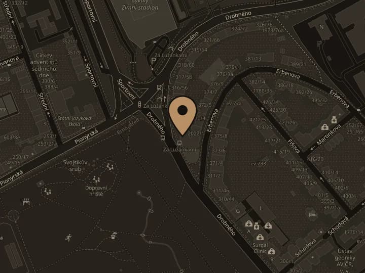 Mapa okolí ambulance na Drobného 48 v Brně